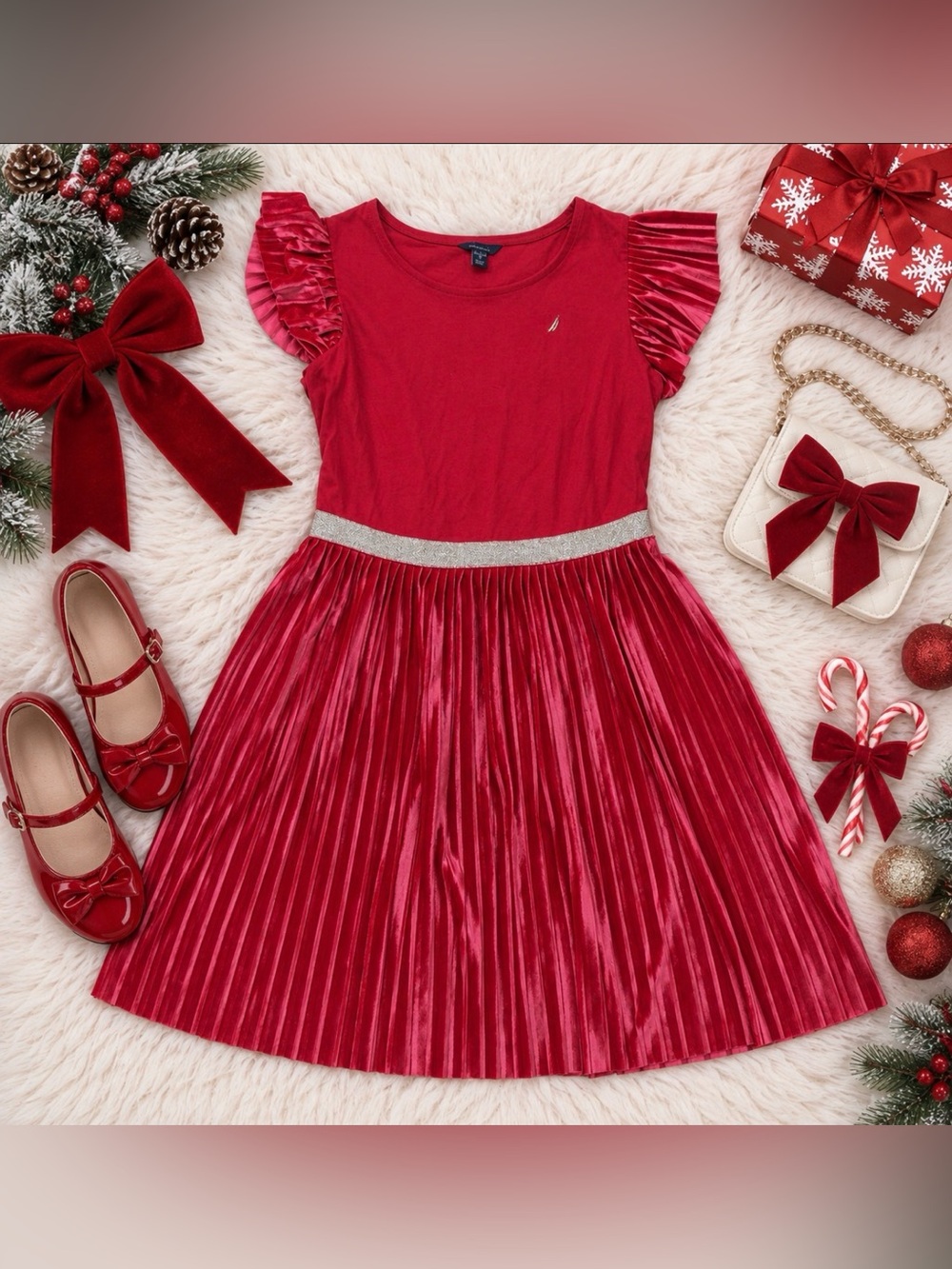Red Velvet Pleated Christmas Holiday Party Dress